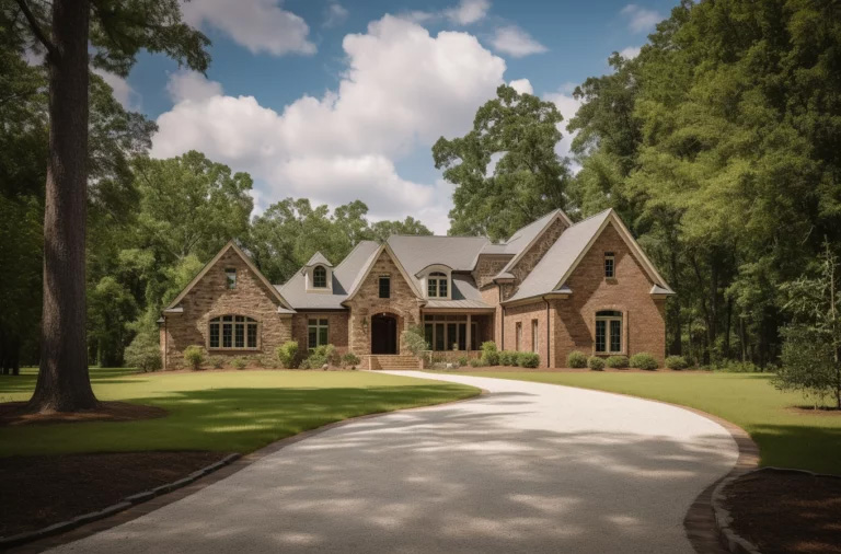 Brick and stone house with a large driveway