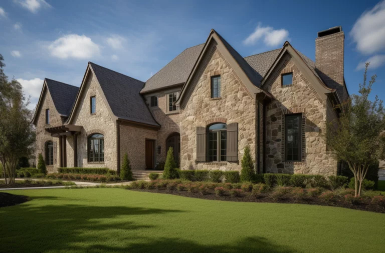 House with light tan coloring comprised of brick and stone