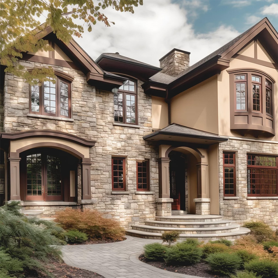 Beautiful brick house with tan paint and brown trim